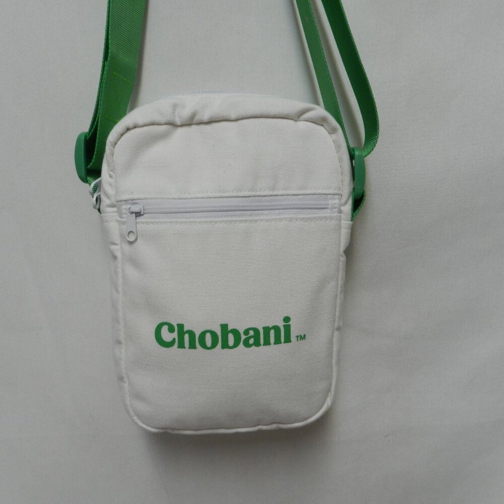 Chobani canvas white green adjustable crossbody messenger bag zip Front Pocket